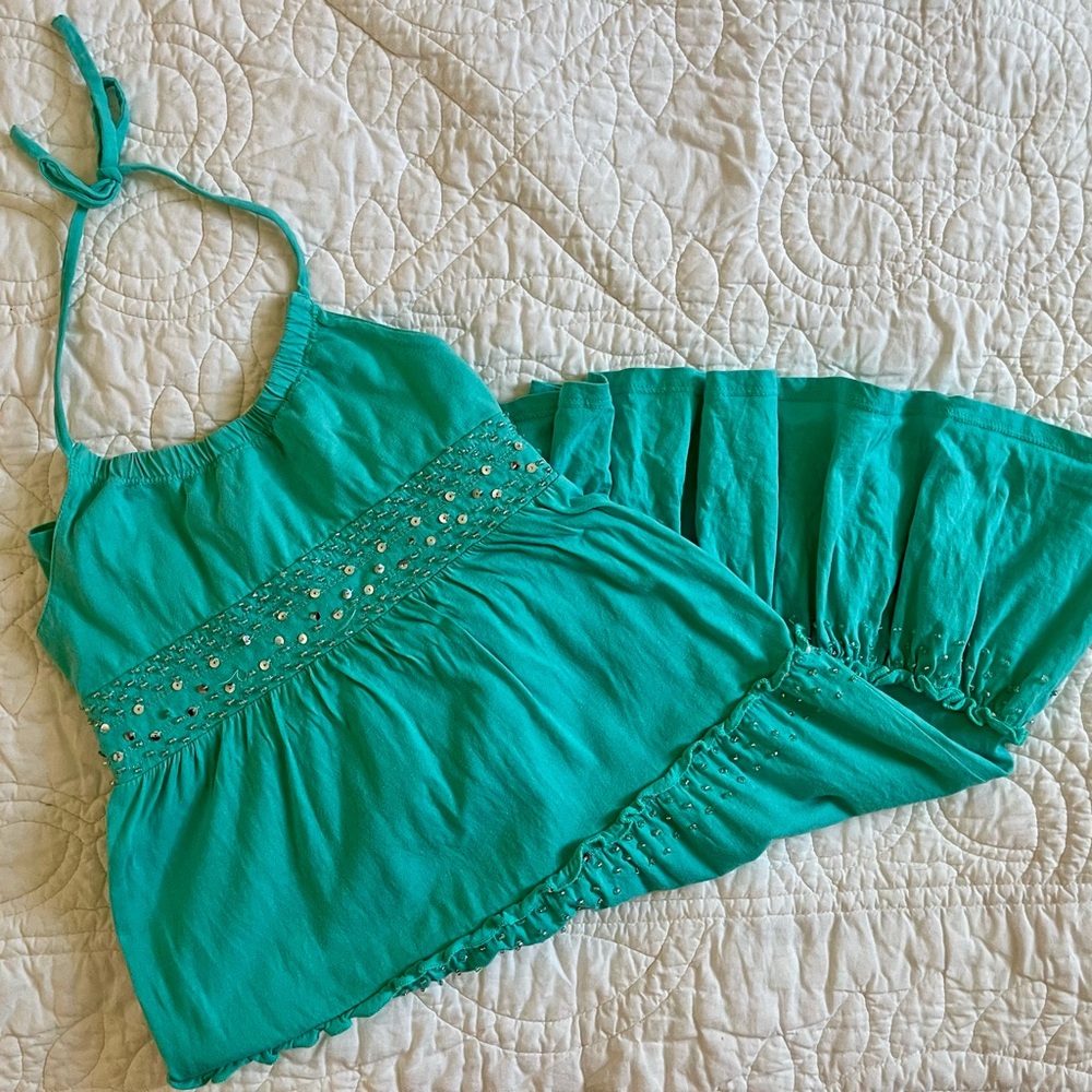 Gap Kids Halter Tiered Teal Dress Y2K Beaded Festival Boho 100% cotton